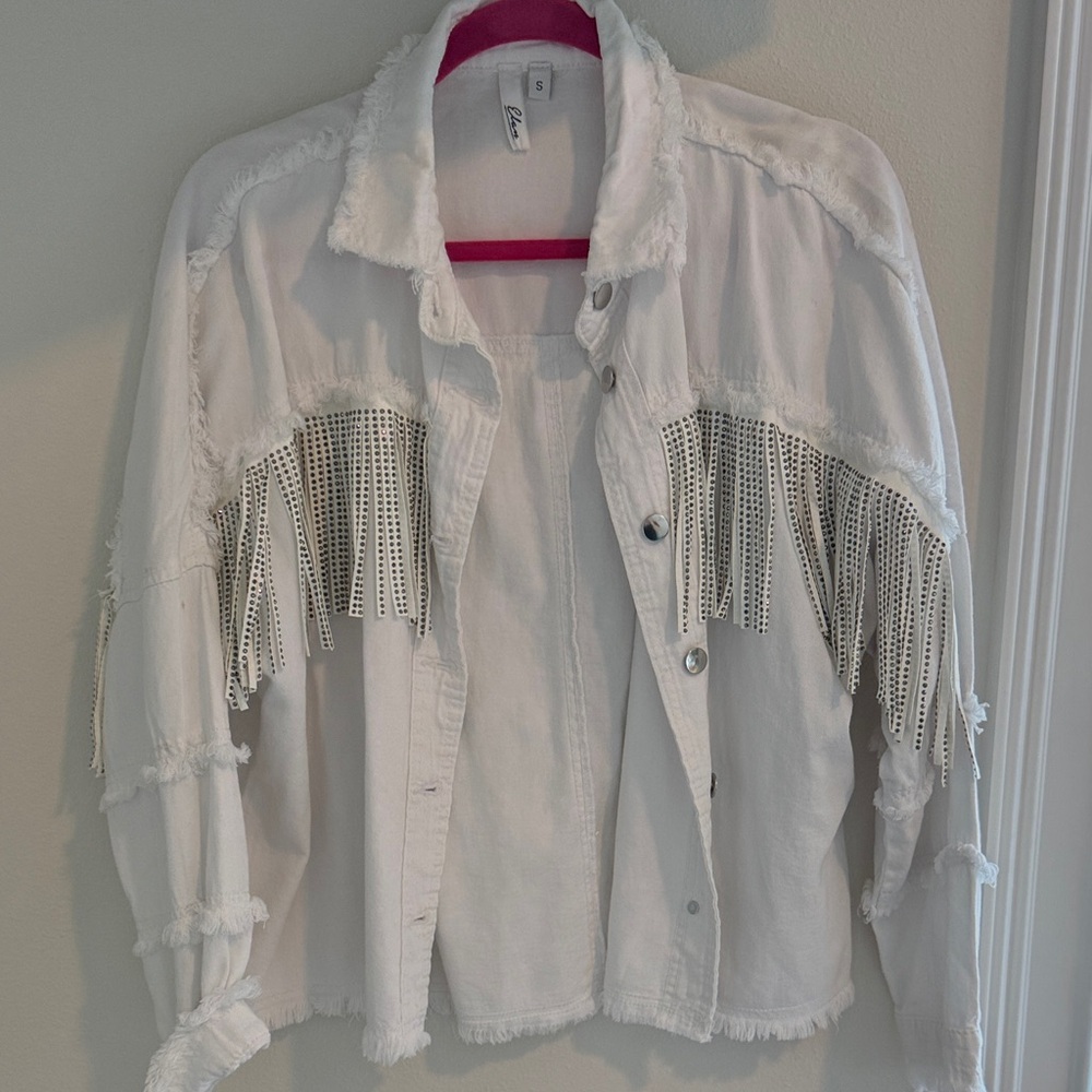 Elan White Denim Jacket with Fringe